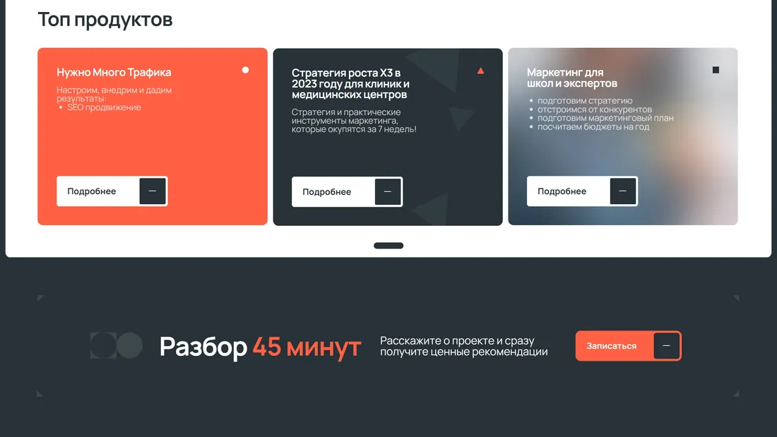 Секция «О продукте» с сайта https://itis.marketing/?ref=https://tilda.cc/ru/madeontilda/, тематика — Маркетинг, цвета — Белый, Черный, Серый, Оранжевый, стиль — Плоский, Корпоративный, Минимализм, типографика — Без засечек