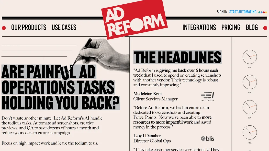 Секция «Первый экран» с сайта https://www.adreform.com/, тематика — Маркетинг, цвета — Белый, Серый, стиль — Минимализм, Типографика, типографика — Без засечек