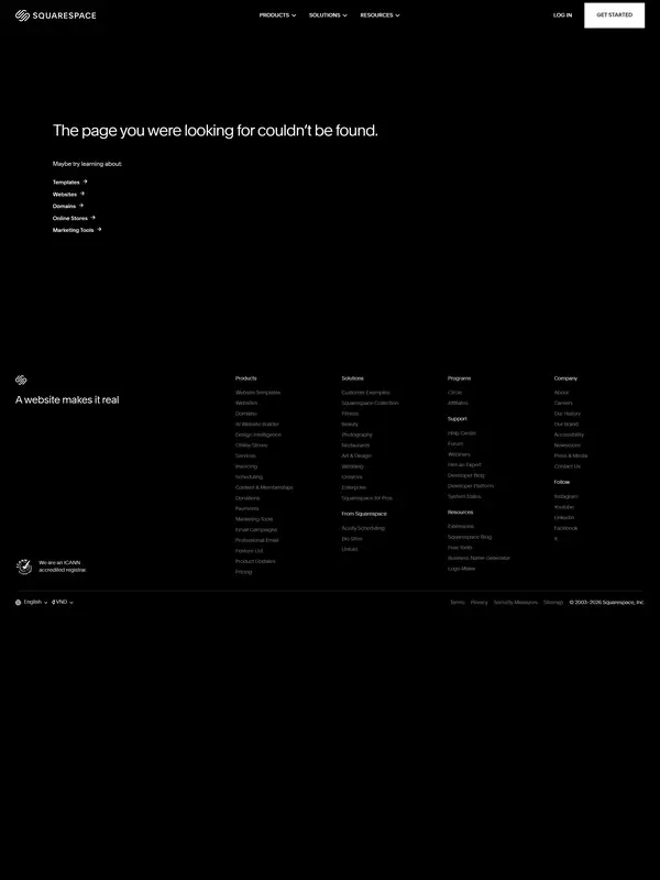 404-страница Squarespace, тематика — SaaS, цвета — Черный, стиль — Корпоративный, Минимализм, типографика — Без засечек