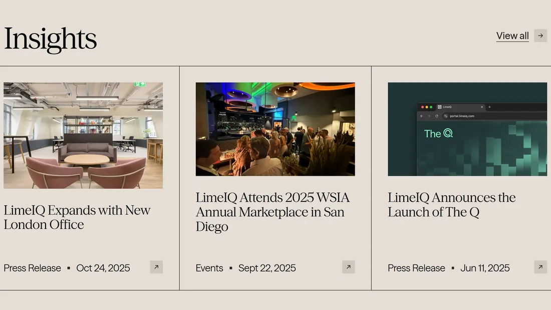 Секция «Новости» с сайта https://www.limeiq.com/, тематика — Бизнес и профессиональные услуги, цвета — Белый, Черный, Серый, стиль — Минимализм, типографика — С засечками