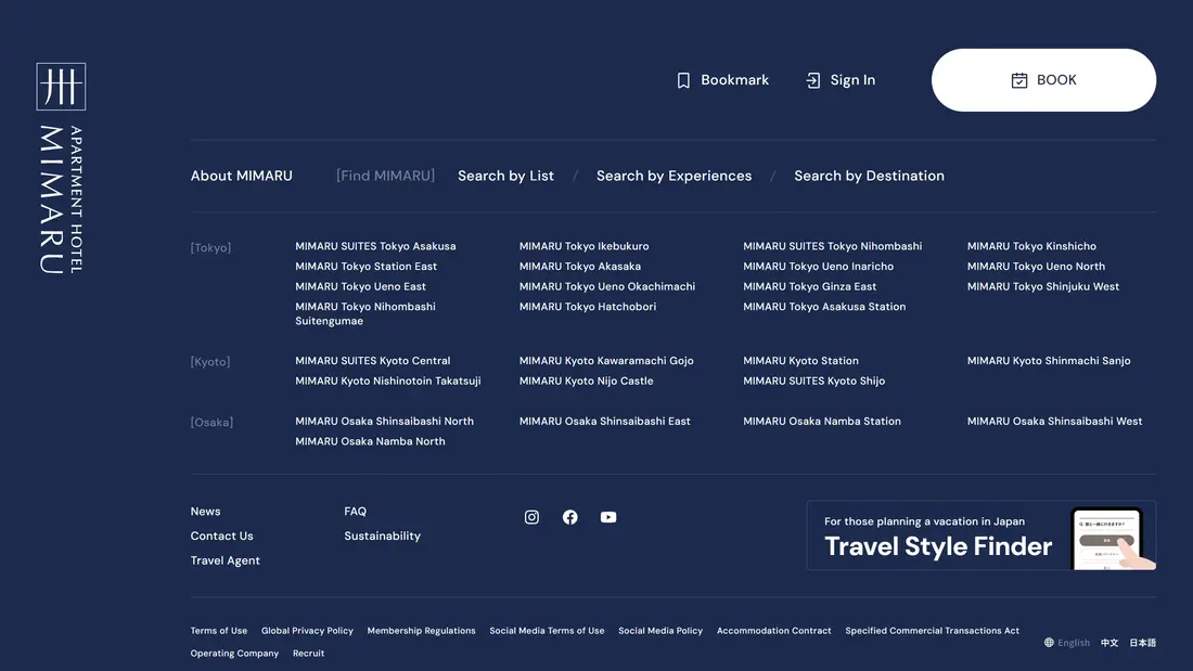 Секция «О компании» с сайта https://mimaruhotels.com/en/, тематика — Размещение, Путешествия и туризм, цвета — Черный, стиль — Корпоративный, Минимализм, типографика — Без засечек