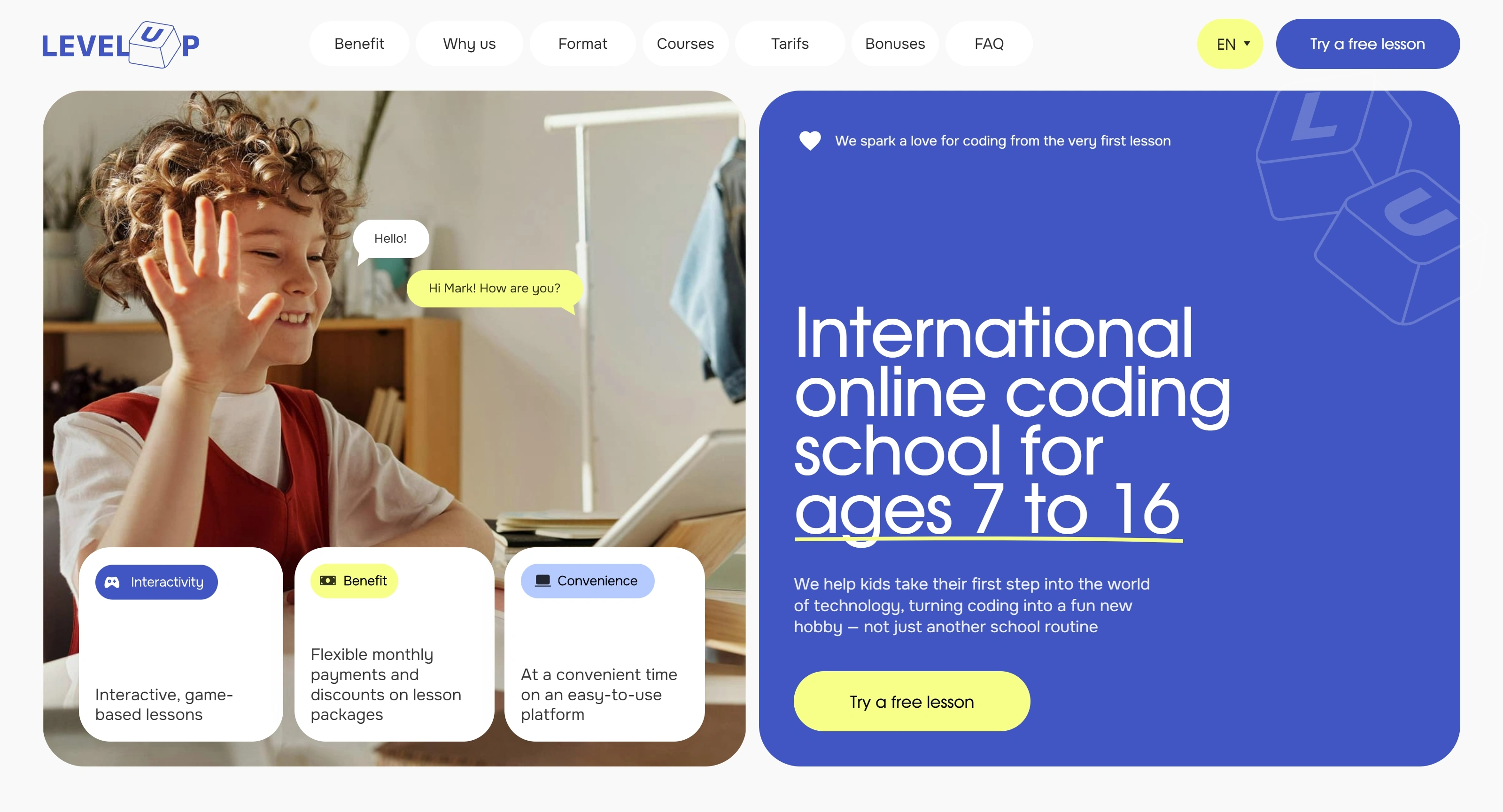 LEVEL UP Секция «Первый экран» с сайта https://level-up-school.tilda.ws/, тематика — Образование, цвета — Белый, Серый, Синий, стиль — Плоский, Карточный, типографика — Без засечек, Декоративные