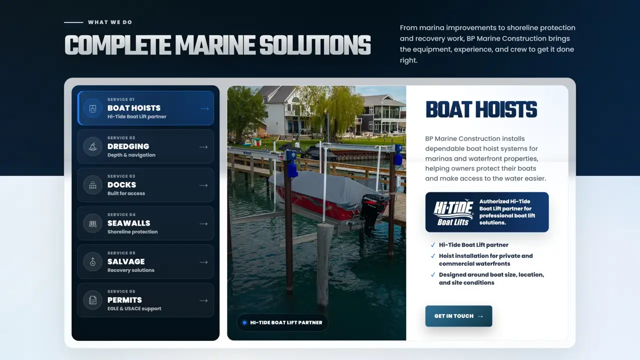 Секция «Услуги» с сайта https://bpmarineconstruction.com/, тематика — Строительство, цвета — Белый, Черный, Серый, стиль — Корпоративный, Карточный, типографика — Без засечек, Декоративные