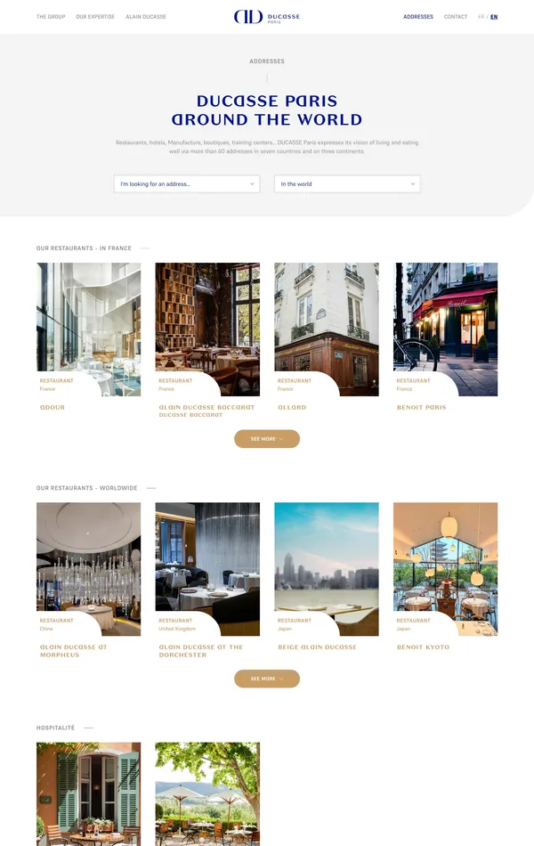 Каталог Ducasse Paris, тематика — Еда и напитки, цвета — Белый, Серый, стиль — Корпоративный, типографика — Без засечек
