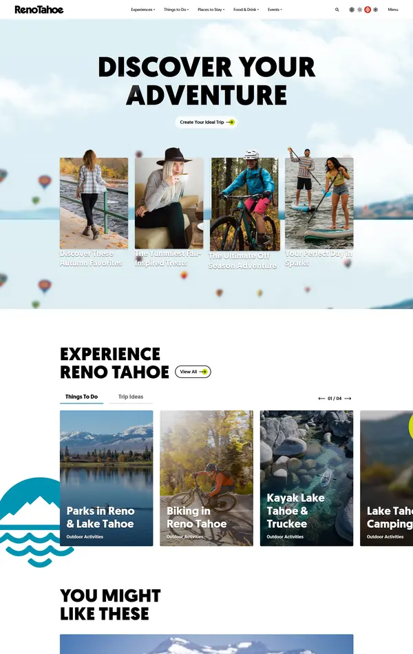 Главная Visit Reno Tahoe, тематика — Путешествия и туризм, цвета — Белый, Серый, стиль — Корпоративный, типографика — Без засечек