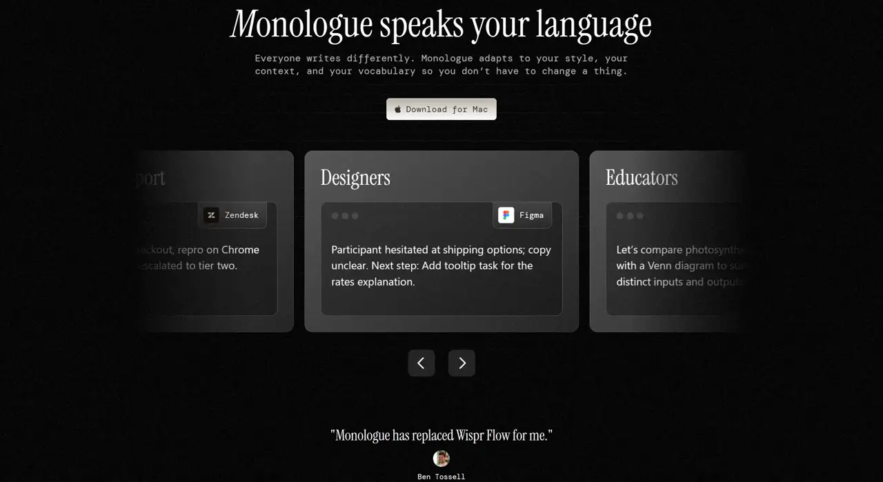 Секция «О продукте» с сайта https://www.monologue.to/, тематика — SaaS, цвета — Черный, стиль — Классический, Карточный, типографика — С засечками