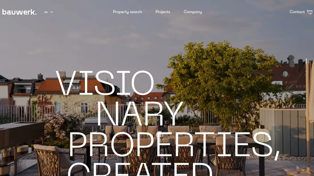 Секция «Первый экран» с сайта https://www.bauwerk.de/en, тематика — Недвижимость, цвета — Черный, Серый, Коричневый, стиль — Минимализм, Типографика, типографика — Без засечек