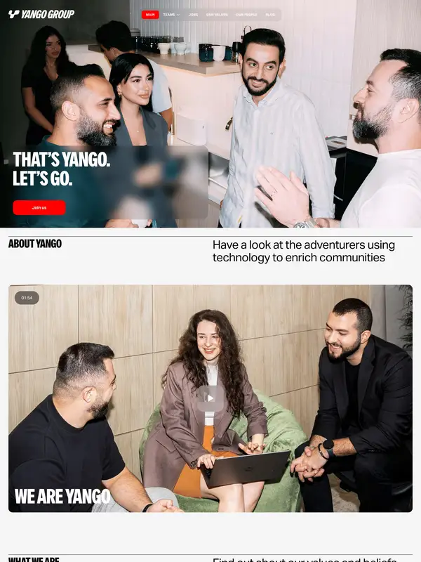 Главная Yango Group, тематика — Другое, цвета — Белый, Черный, Серый, стиль — Корпоративный, Минимализм, типографика — Без засечек