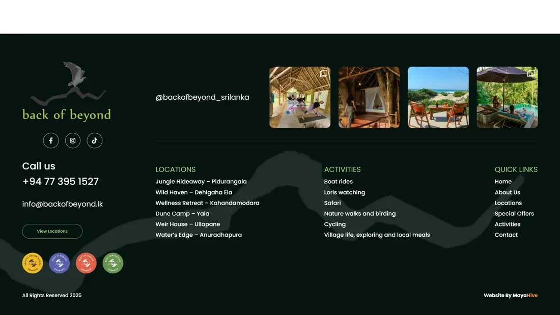 Секция «Контакты» с сайта https://www.backofbeyond.lk/, тематика — Путешествия и туризм, цвета — Белый, Черный, стиль — Корпоративный, типографика — Без засечек