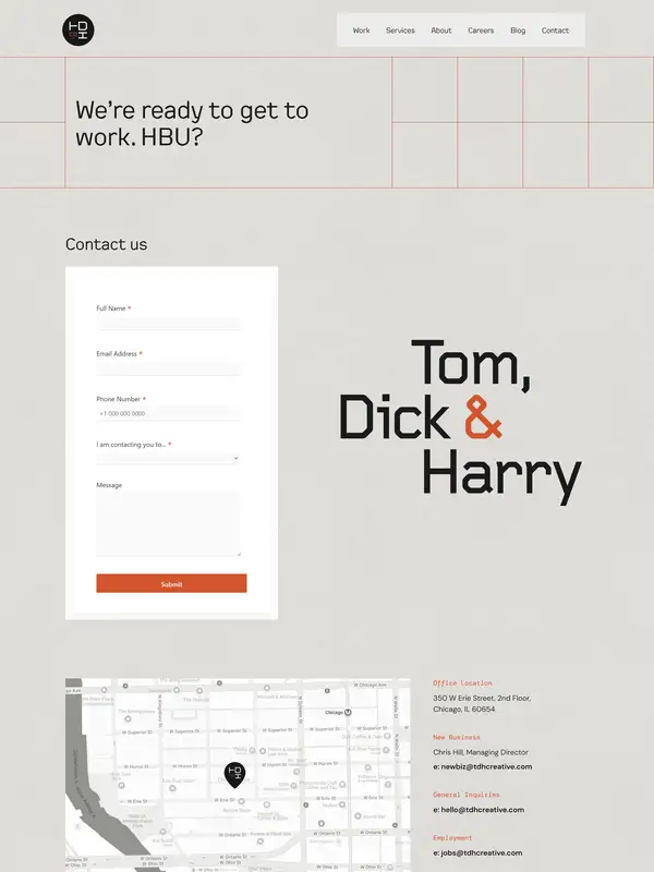 Контакты Tom, Dick & Harry, тематика — Агентство , цвета — Белый, стиль — Корпоративный, Минимализм, типографика — Без засечек, Декоративные