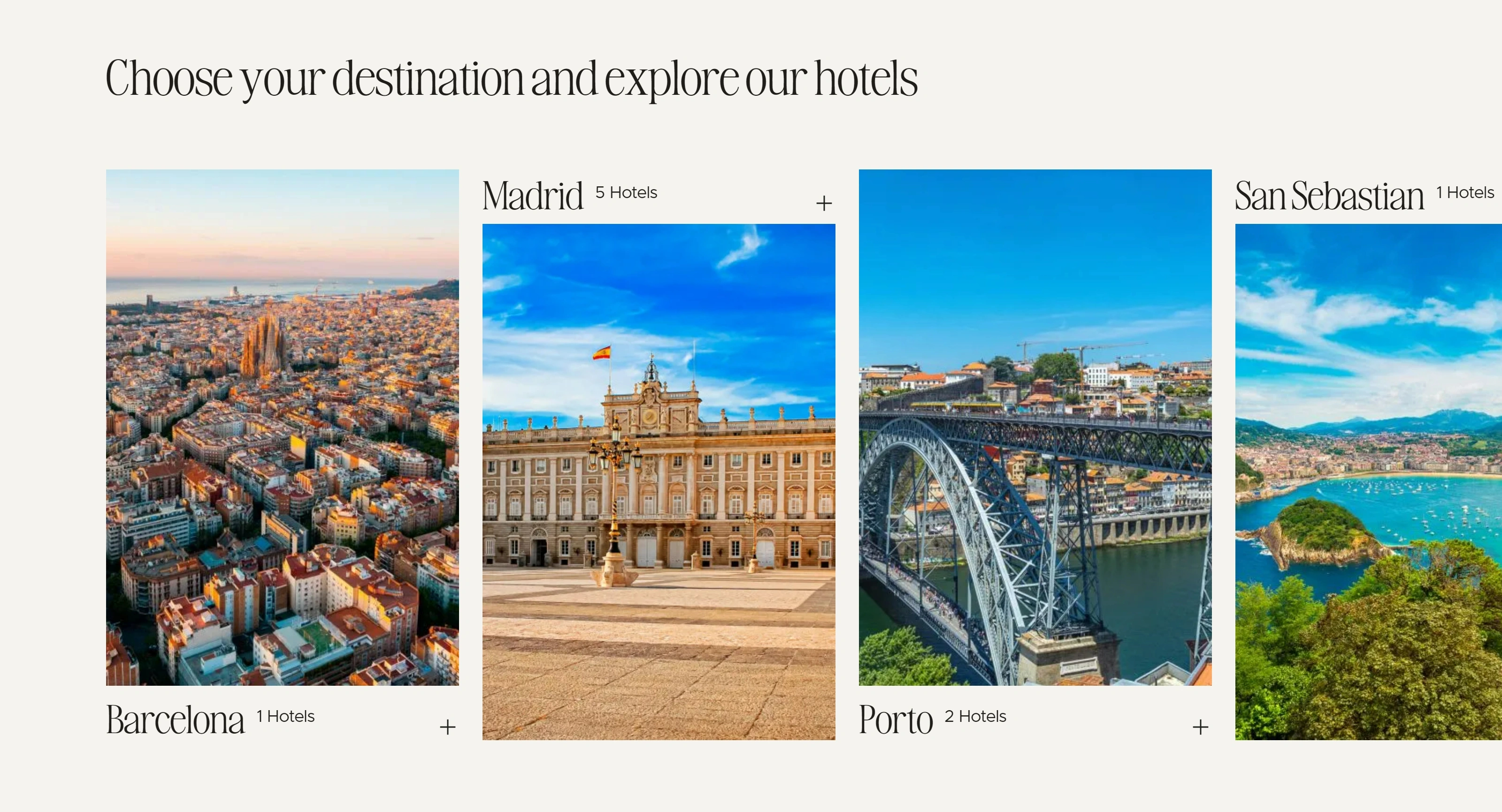 One Shot Hotels Секция «Услуги» с сайта https://www.oneshothotels.com/en/, тематика — Размещение, цвета — Белый, Серый, Синий, стиль — Классический, Карточный, типографика — С засечками, Без засечек