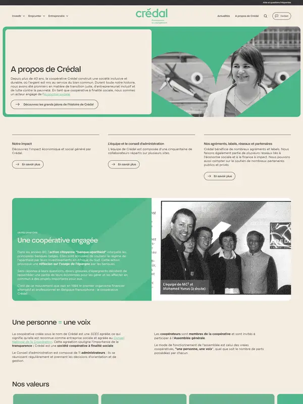 Страница о компании Crédal, тематика — Финансы, цвета — Белый, Черный, Серый, стиль — Корпоративный, Минимализм, типографика — Без засечек