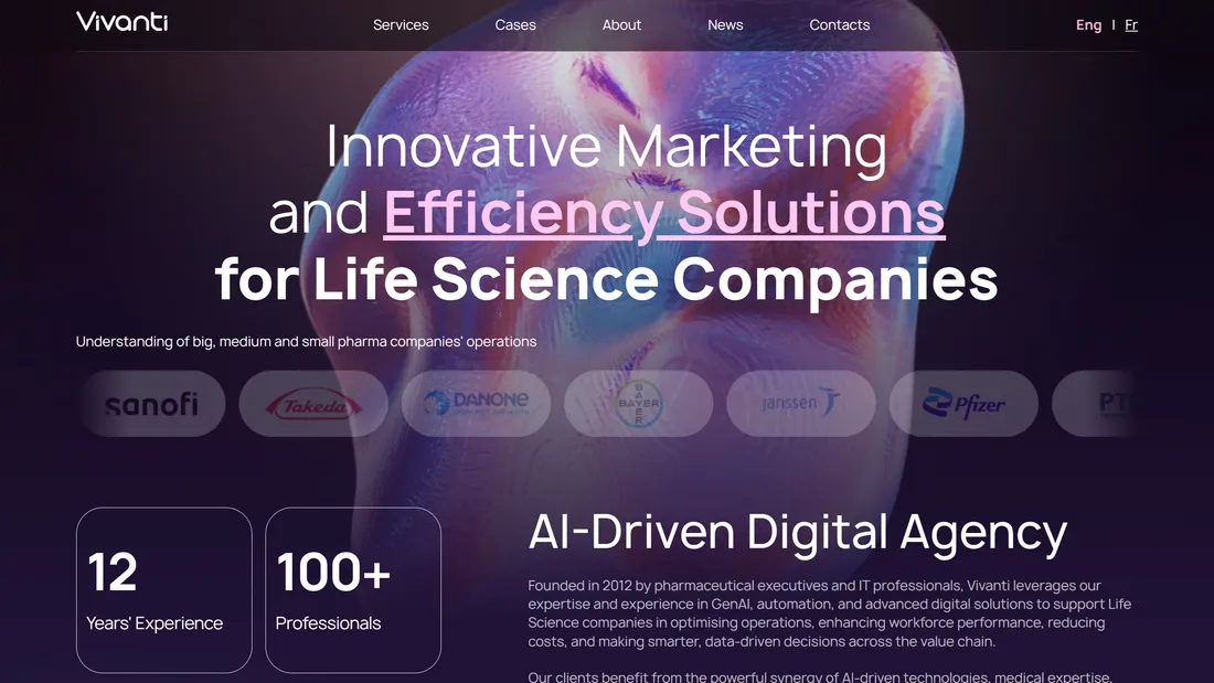 Секция «Первый экран» с сайта https://vivanti.eu/, тематика — Агентство , цвета — Черный, Серый, стиль — Корпоративный, типографика — Без засечек