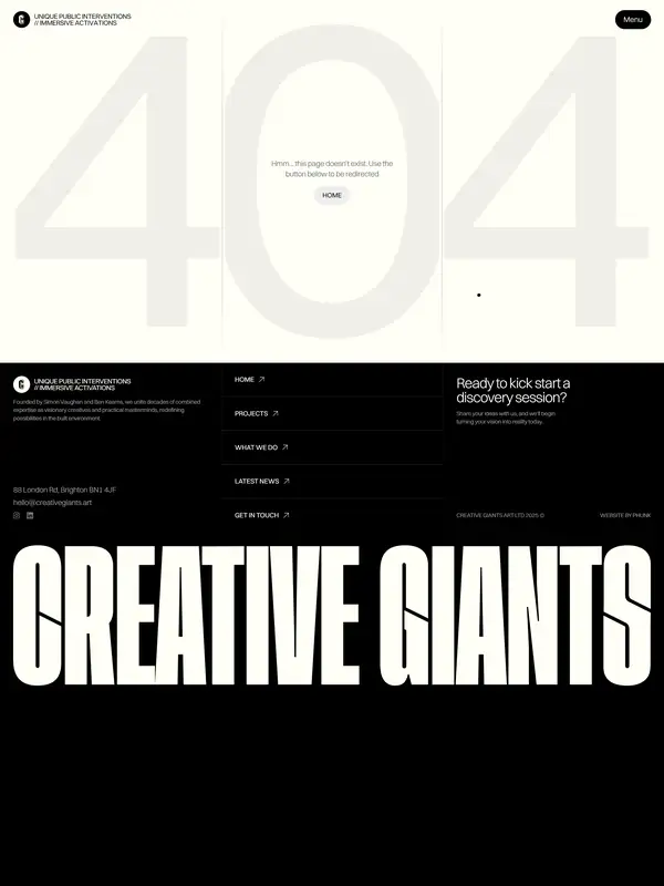 404-страница Creative Giants, тематика — Агентство , цвета — Белый, Черный, стиль — Минимализм, Брутализм, типографика — Без засечек, Декоративные