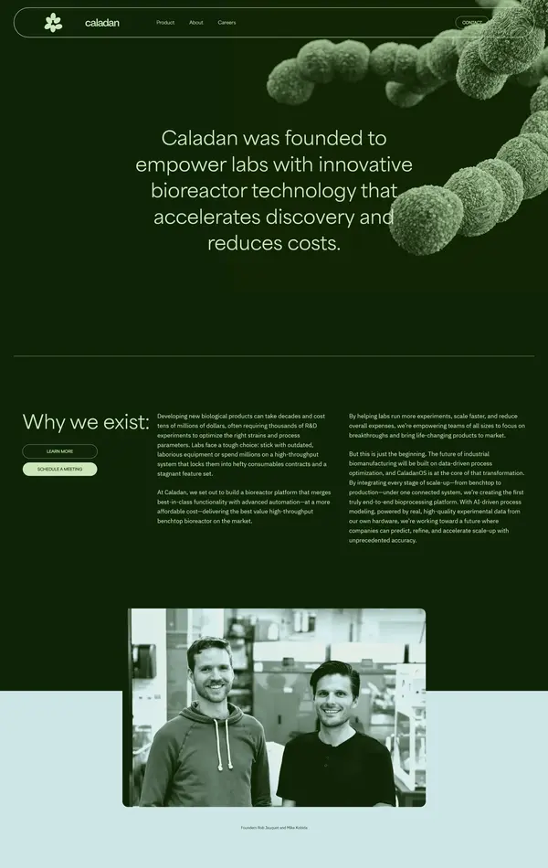 Страница о компании Caladan Bio, тематика — IT и программное обеспечение, цвета — Белый, Черный, Серый, стиль — Корпоративный, типографика — Без засечек