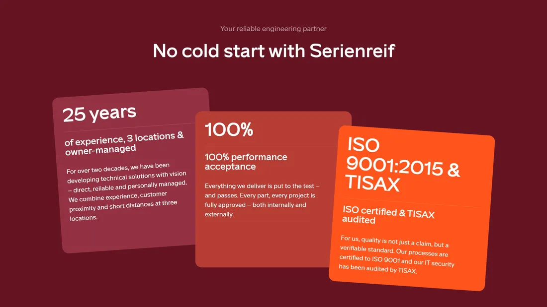 Секция «Преимущества» с сайта https://www.serienreif.com/en/startseite-en/, тематика — Бизнес и профессиональные услуги, цвета — Красный, Коричневый, стиль — Корпоративный, типографика — Без засечек