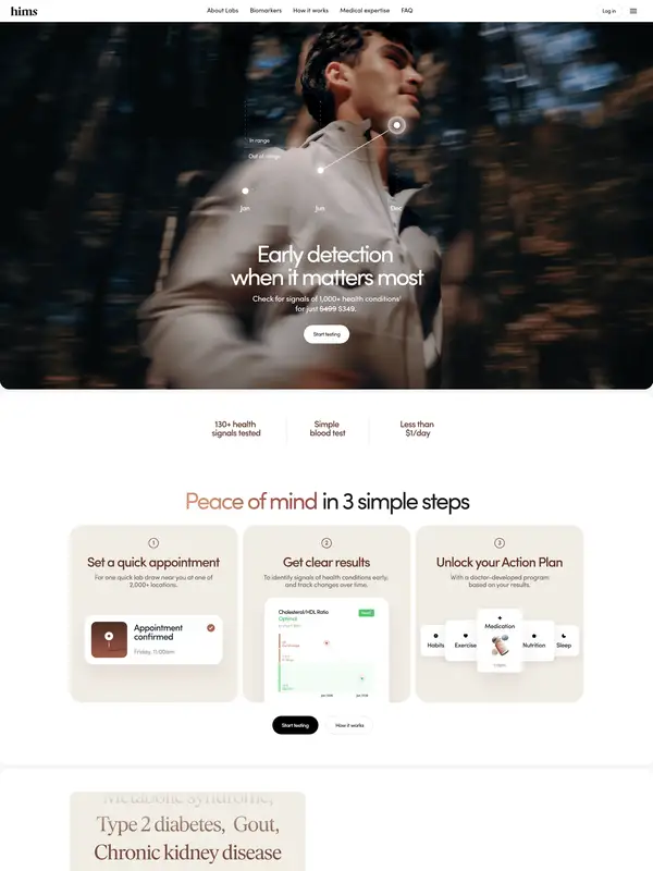 Лендинг Hims, тематика — Здоровье и фитнес, цвета — Белый, Черный, Серый, стиль — Корпоративный, Минимализм, типографика — Без засечек