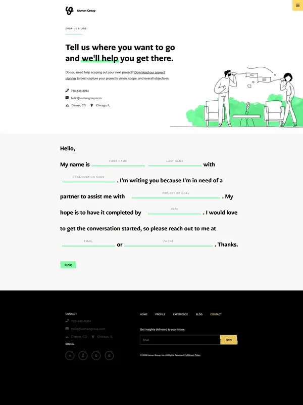 Контакты Usman Group, тематика — Агентство , цвета — Белый, Черный, стиль — Корпоративный, Минимализм, типографика — Без засечек