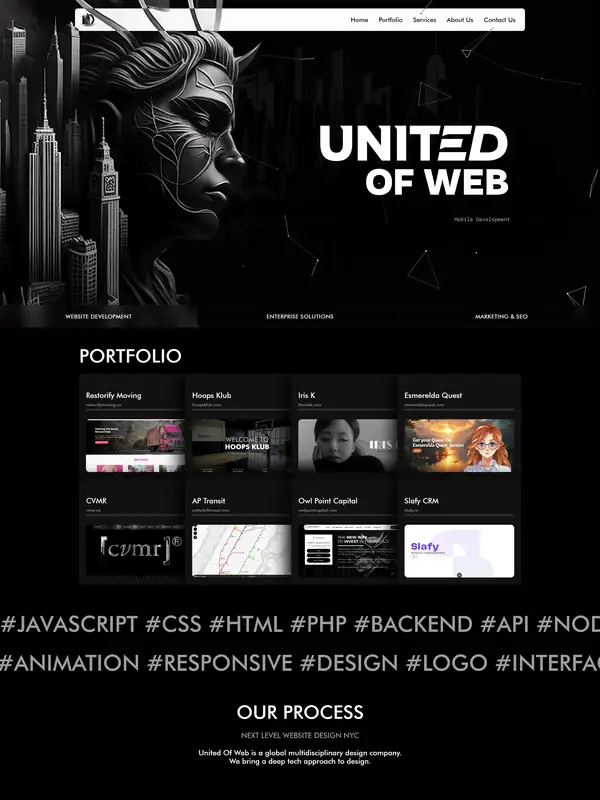 Главная United Of Web, тематика — IT и программное обеспечение, цвета — Черный, стиль — Корпоративный, Полигональный, типографика — Без засечек, Декоративные