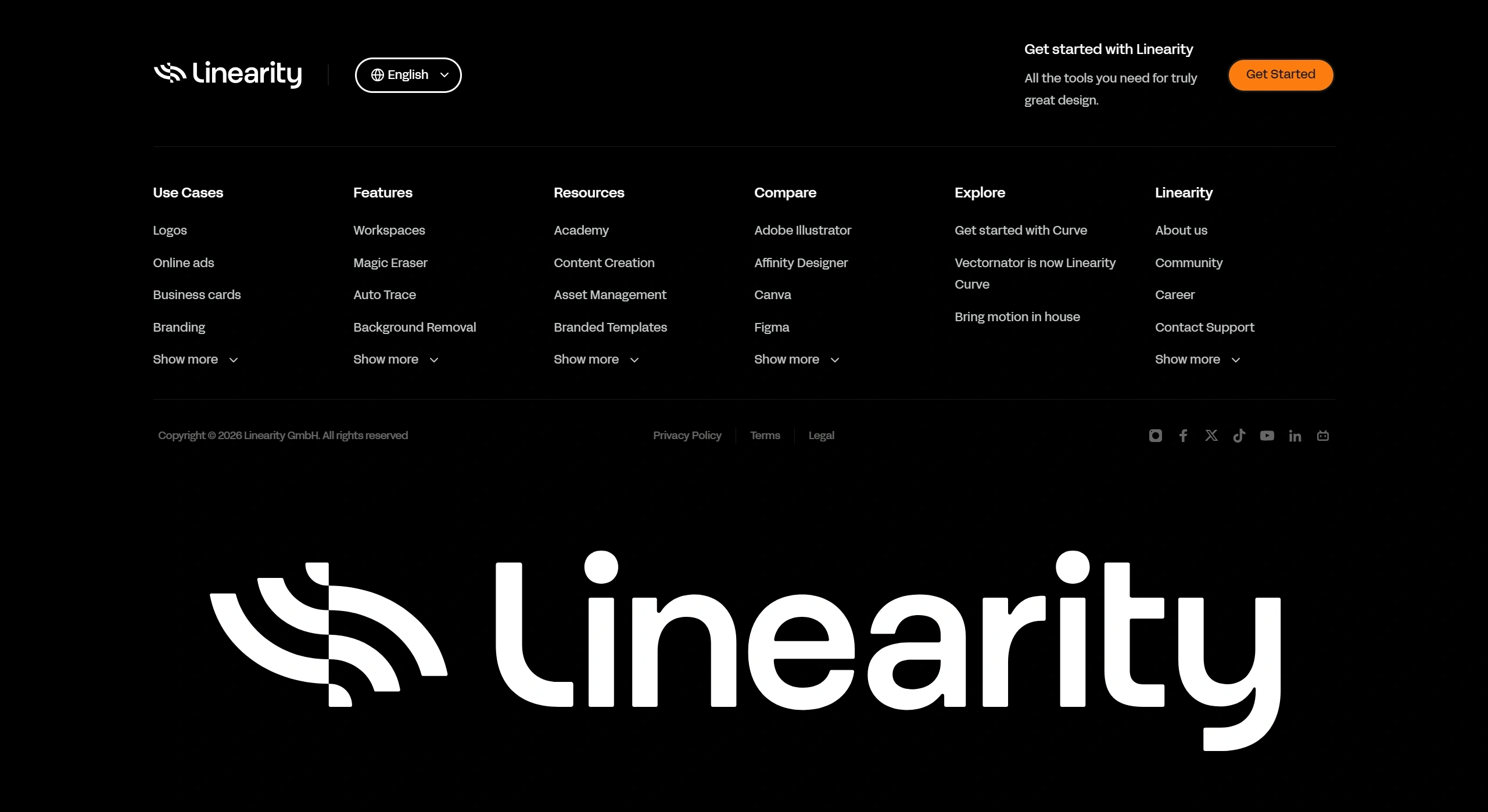 Linearity Секция «Футер» с сайта https://www.linearity.io/, тематика — Дизайн, цвета — Черный, стиль — Корпоративный, Минимализм, типографика — Без засечек