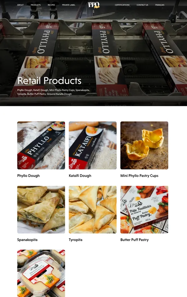 Каталог Oriental Pastry Products, тематика — Еда и напитки, цвета — Белый, Черный, Серый, стиль — Корпоративный, типографика — Без засечек