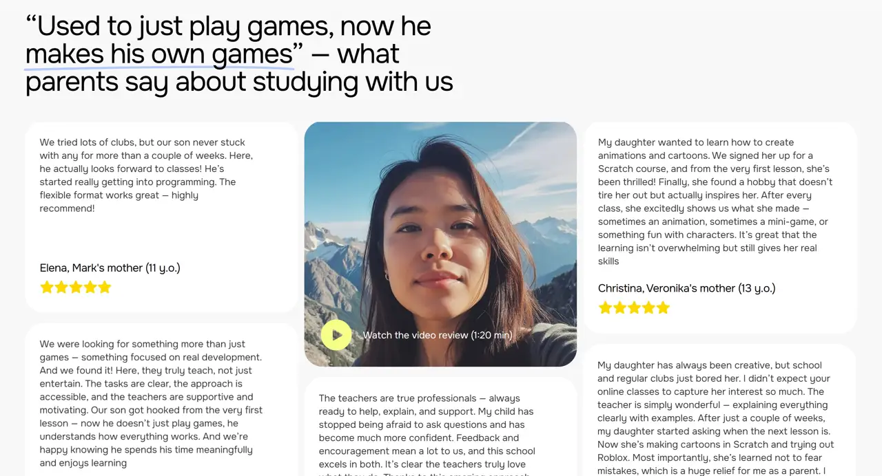 Секция «Отзывы» с сайта https://level-up-school.tilda.ws/, тематика — Образование, цвета — Белый, Серый, стиль — Карточный, Минимализм, типографика — Без засечек