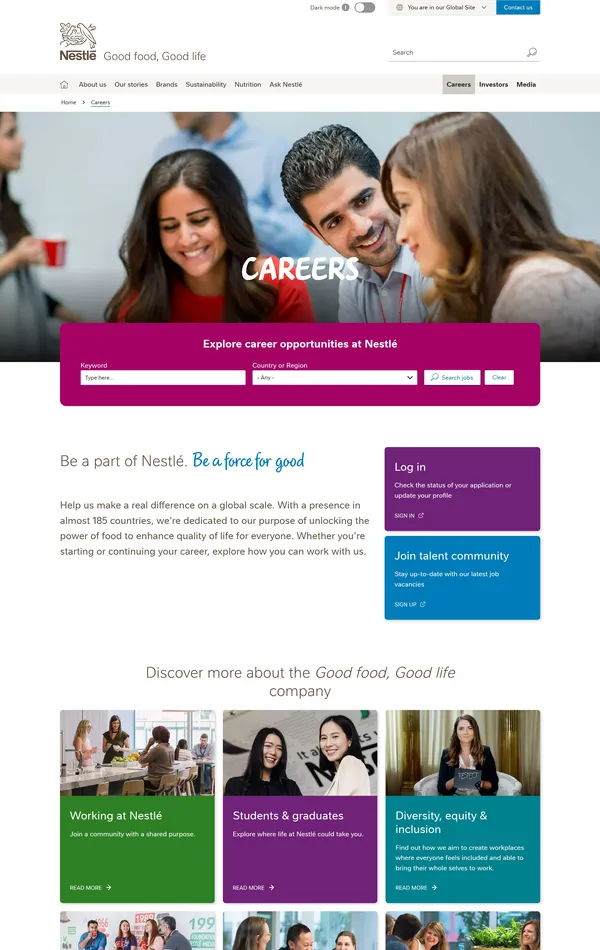 Страница карьеры Nestlé, тематика — Еда и напитки, цвета — Белый, Серый, стиль — Корпоративный, типографика — Без засечек