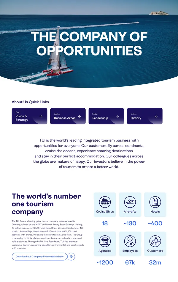 Страница о компании TUI Group, тематика — Путешествия и туризм, цвета — Белый, Серый, стиль — Корпоративный, типографика — Без засечек