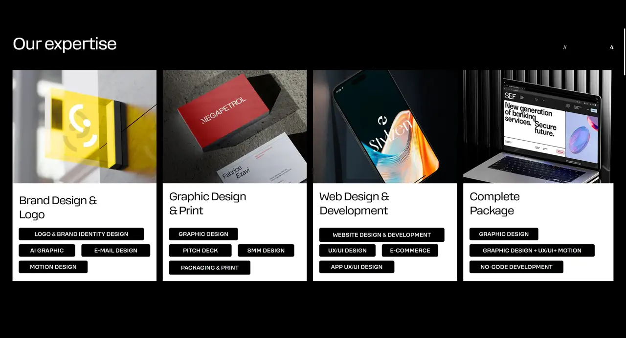 Секция «Услуги» с сайта https://www.azstudio.agency/, тематика — Агентство , цвета — Белый, Черный, Серый, стиль — Карточный, Минимализм, типографика — Без засечек, Декоративные