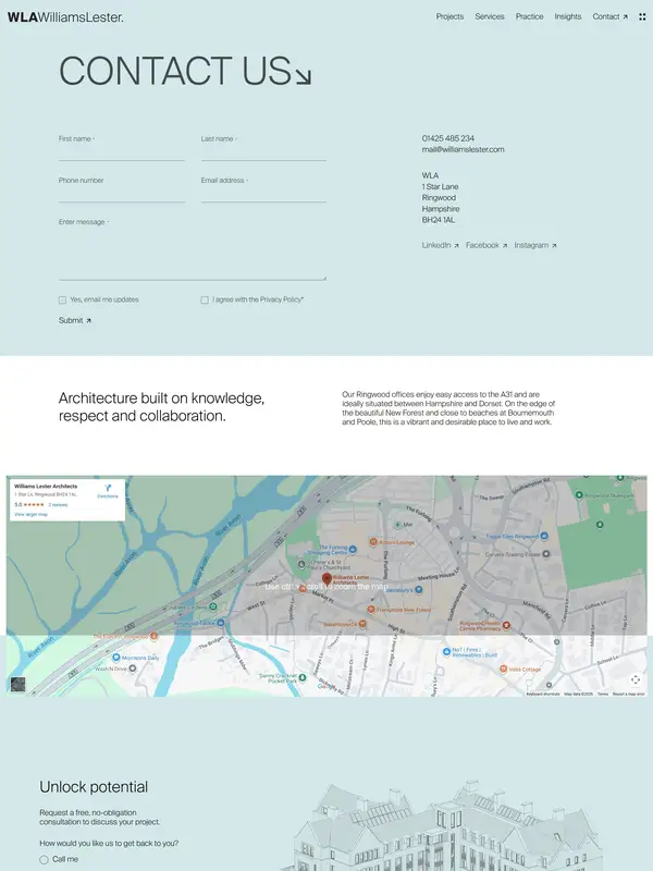 Контакты Williams Lester Architects, тематика — Дизайн, цвета — Белый, Черный, Серый, стиль — Корпоративный, Минимализм, типографика — Без засечек