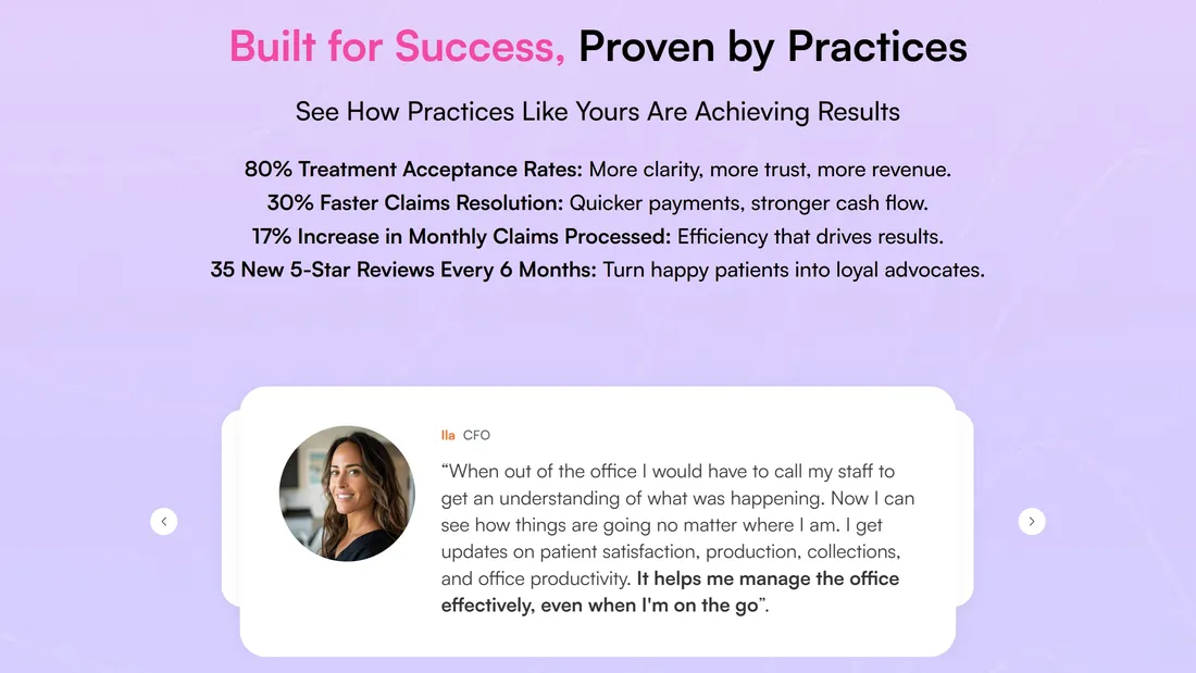 Секция «Отзывы» с сайта https://www.thedentalapp.com/, тематика — Здоровье и фитнес, IT и программное обеспечение, цвета — Белый, стиль — Корпоративный, типографика — Без засечек