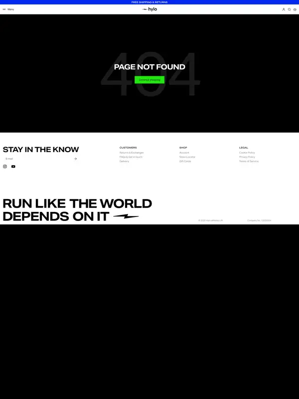 404-страница hylo athletics, тематика — Здоровье и фитнес, цвета — Белый, Черный, стиль — Минимализм, типографика — Без засечек