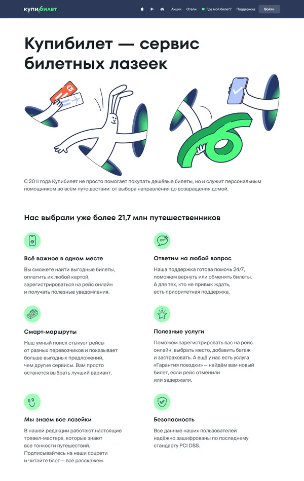 Страница о компании Купибилет, тематика — Путешествия и туризм, цвета — Белый, стиль — Корпоративный, типографика — Без засечек