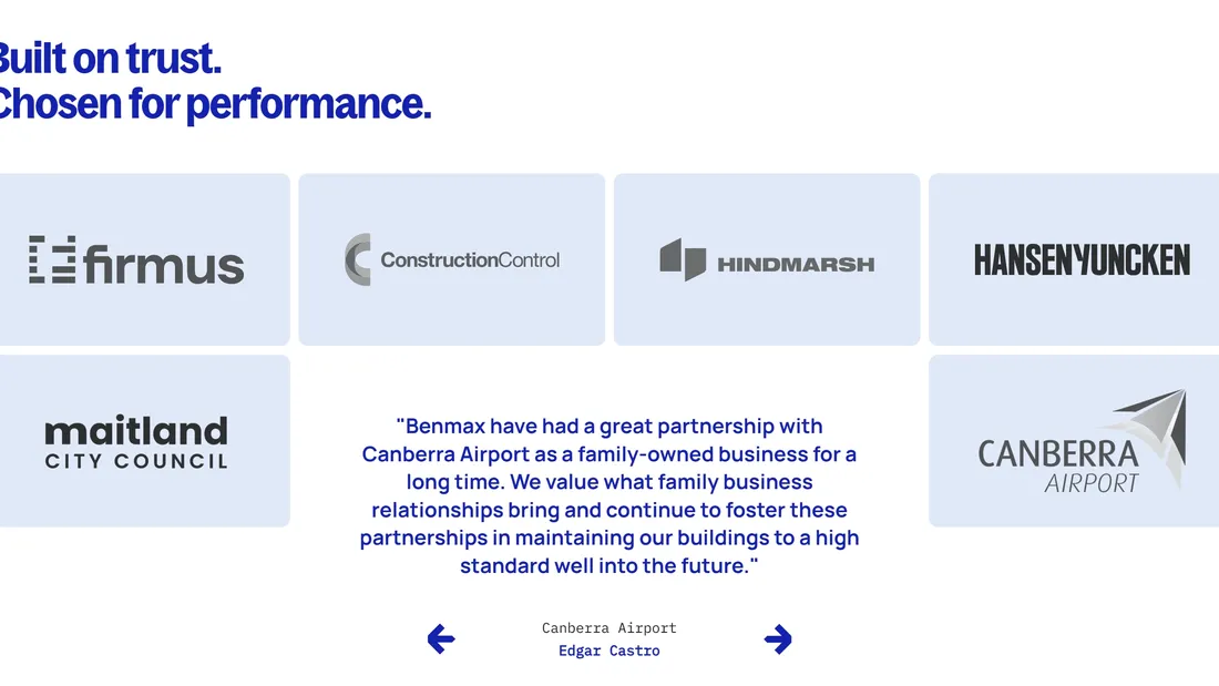 Секция «Партнеры» с сайта https://benmax.com.au/, тематика — Строительство, цвета — Белый, стиль — Корпоративный, Минимализм, типографика — Без засечек