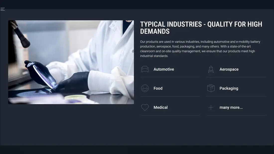 Секция «О компании» с сайта https://www.vonjan-tech.de/en, тематика — Производство, цвета — Белый, Черный, Серый, стиль — Корпоративный, Минимализм, типографика — Без засечек