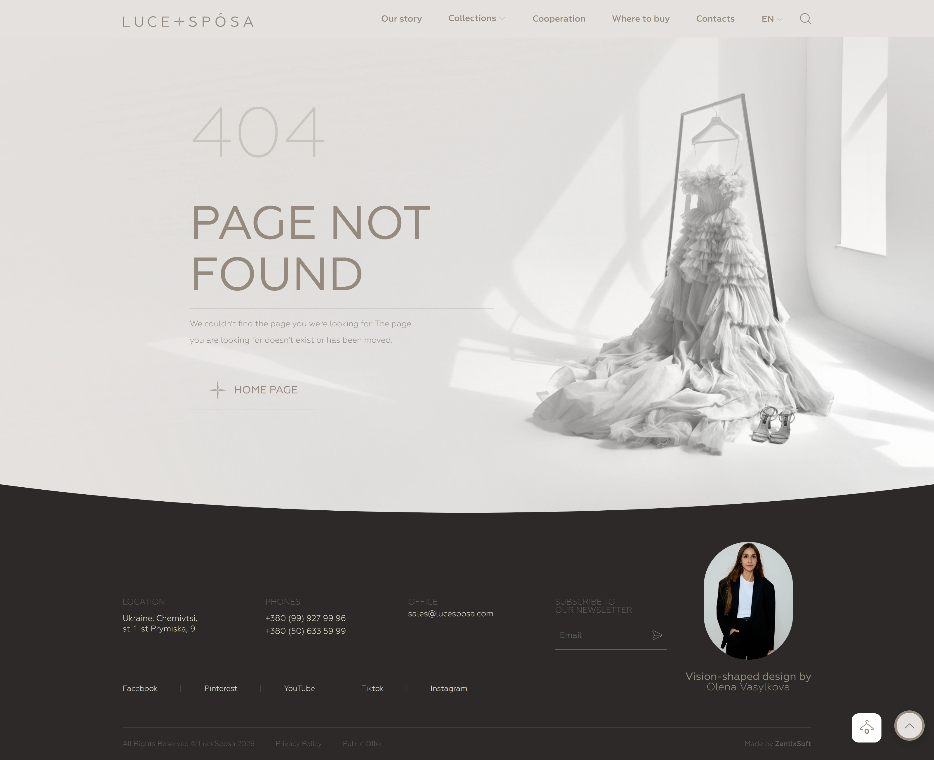 LuceSposa 404-страница LuceSposa, тематика — Интернет-магазин, цвета — Белый, Черный, стиль — Корпоративный, Минимализм, типографика — Без засечек, Декоративные