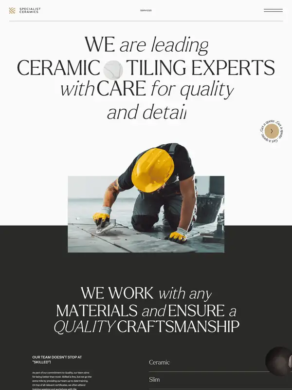 Услуги Specialist Ceramics, тематика — Строительство, цвета — Белый, Черный, Серый, стиль — Минимализм, типографика — С засечками, Декоративные