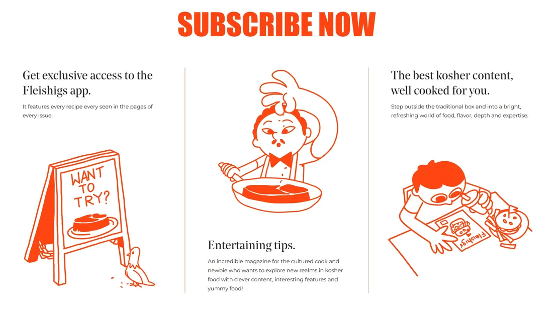 Секция «Призыв к действию» с сайта https://fleishigs.com/, тематика — Еда и напитки, цвета — Белый, стиль — Рисованный, типографика — С засечками, Без засечек