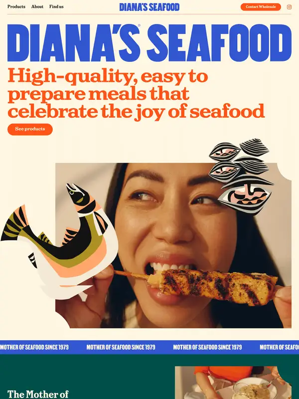Лендинг Diana's Seafood, тематика — Еда и напитки, цвета — Белый, Серый, Коричневый, стиль — Фестивальный, Органический и природный, типографика — Без засечек, Декоративные