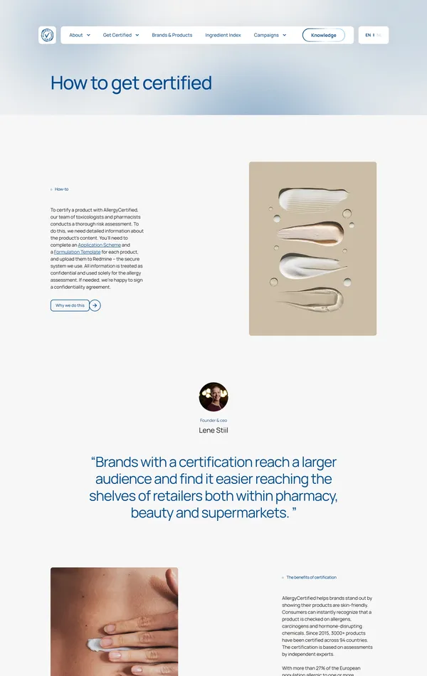 База знаний Allergy Certified, тематика — Красота, цвета — Белый, стиль — Корпоративный, Минимализм, типографика — Без засечек