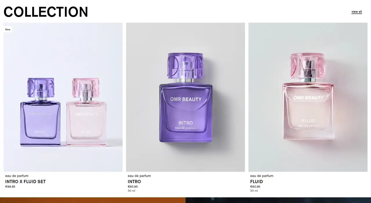 Секция «Товары» с сайта https://omrbeauty.com/, тематика — Красота, цвета — Белый, Серый, стиль — Минимализм, типографика — Без засечек