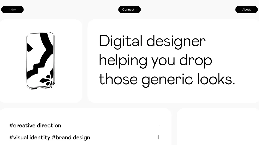 Секция «Призыв к действию» с сайта https://gruev.space/, тематика — Дизайн, цвета — Белый, стиль — Минимализм, типографика — Без засечек