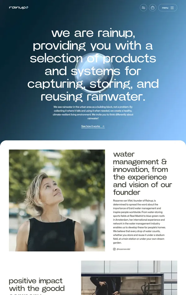 Страница о компании Rainup, тематика — Некоммерческая деятельность, цвета — Белый, Черный, Серый, стиль — Корпоративный, Минимализм, типографика — Без засечек