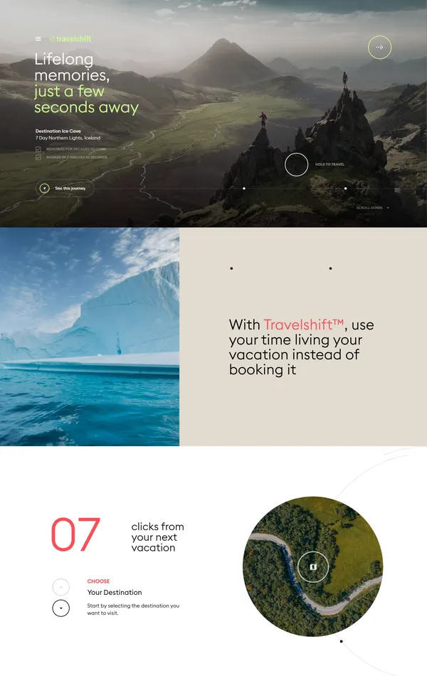 Главная Travelshift, тематика — Путешествия и туризм, цвета — Белый, Черный, Серый, стиль — Минимализм, типографика — Без засечек