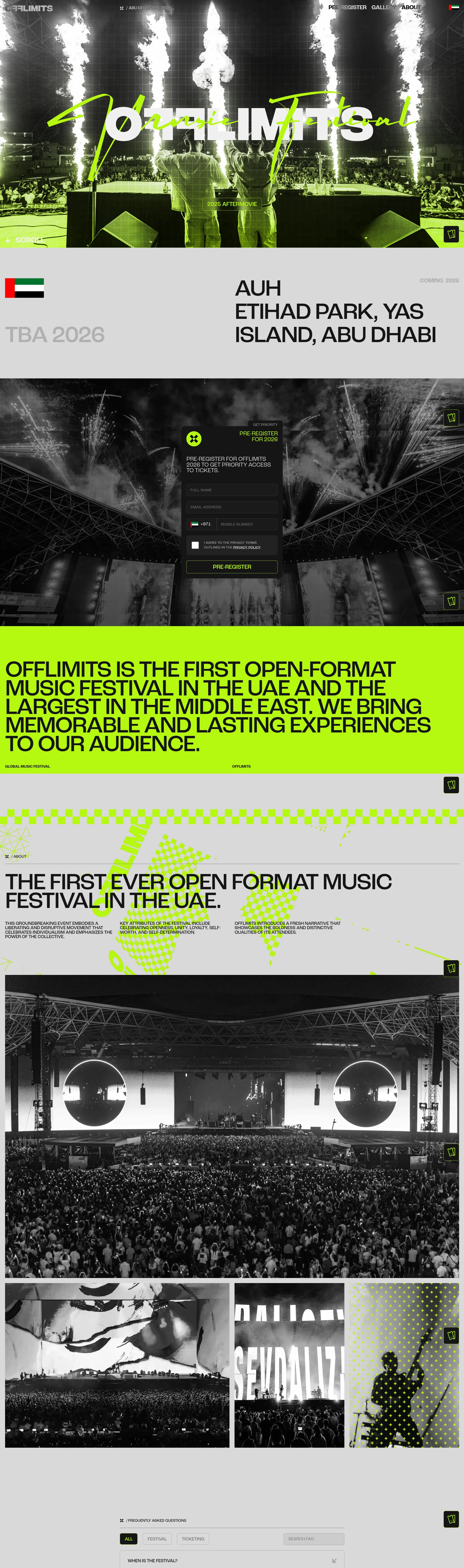 Лендинг OFFLIMITS, тематика — Мероприятия, Музыка, цвета — Белый, Черный, Серый, стиль — Фестивальный, Брутализм, типографика — Без засечек, Рукописные