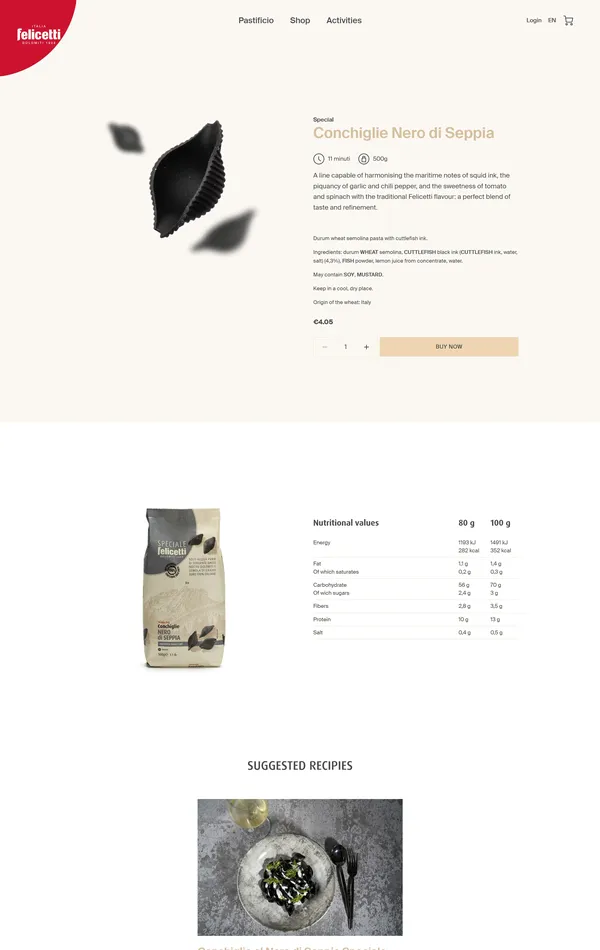 Продукт Felicetti, тематика — Еда и напитки, цвета — Белый, стиль — Корпоративный, Минимализм, типографика — Без засечек