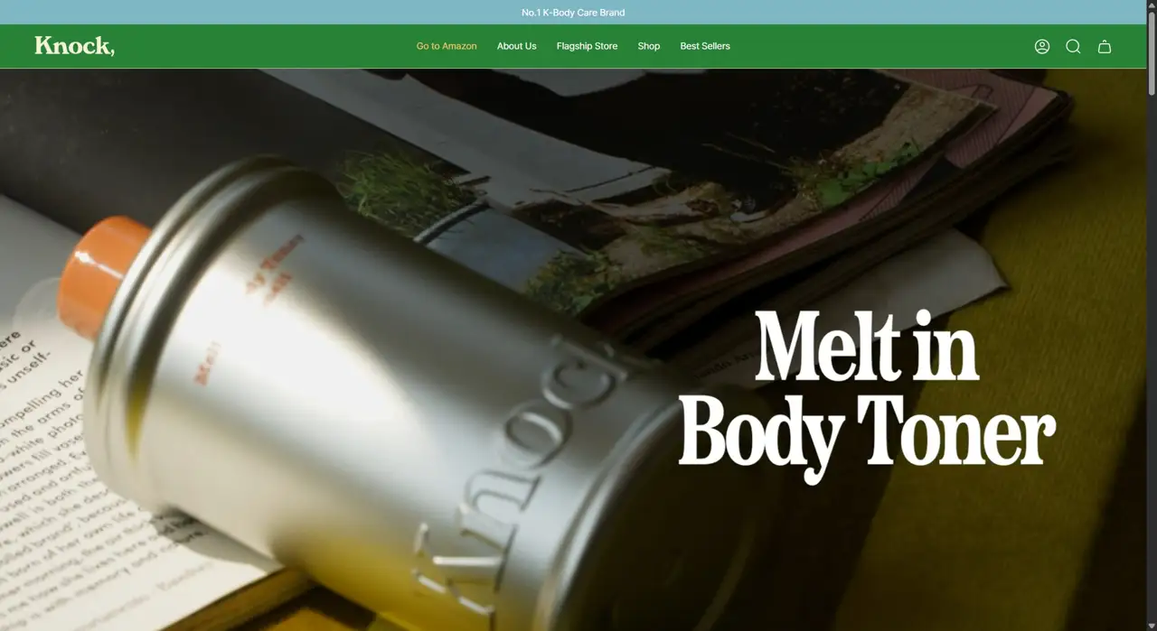 Секция «Первый экран» с сайта https://us.knockofficial.com/, тематика — Интернет-магазин, Красота, цвета — Белый, Черный, Серый, стиль — Корпоративный, Минимализм, типографика — Без засечек