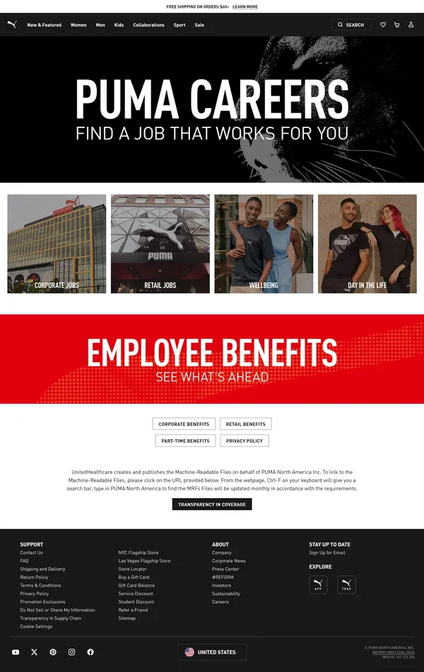 Страница карьеры PUMA, тематика — Розничная торговля, Одежда, цвета — Белый, Черный, Серый, Красный, стиль — Корпоративный, типографика — Без засечек