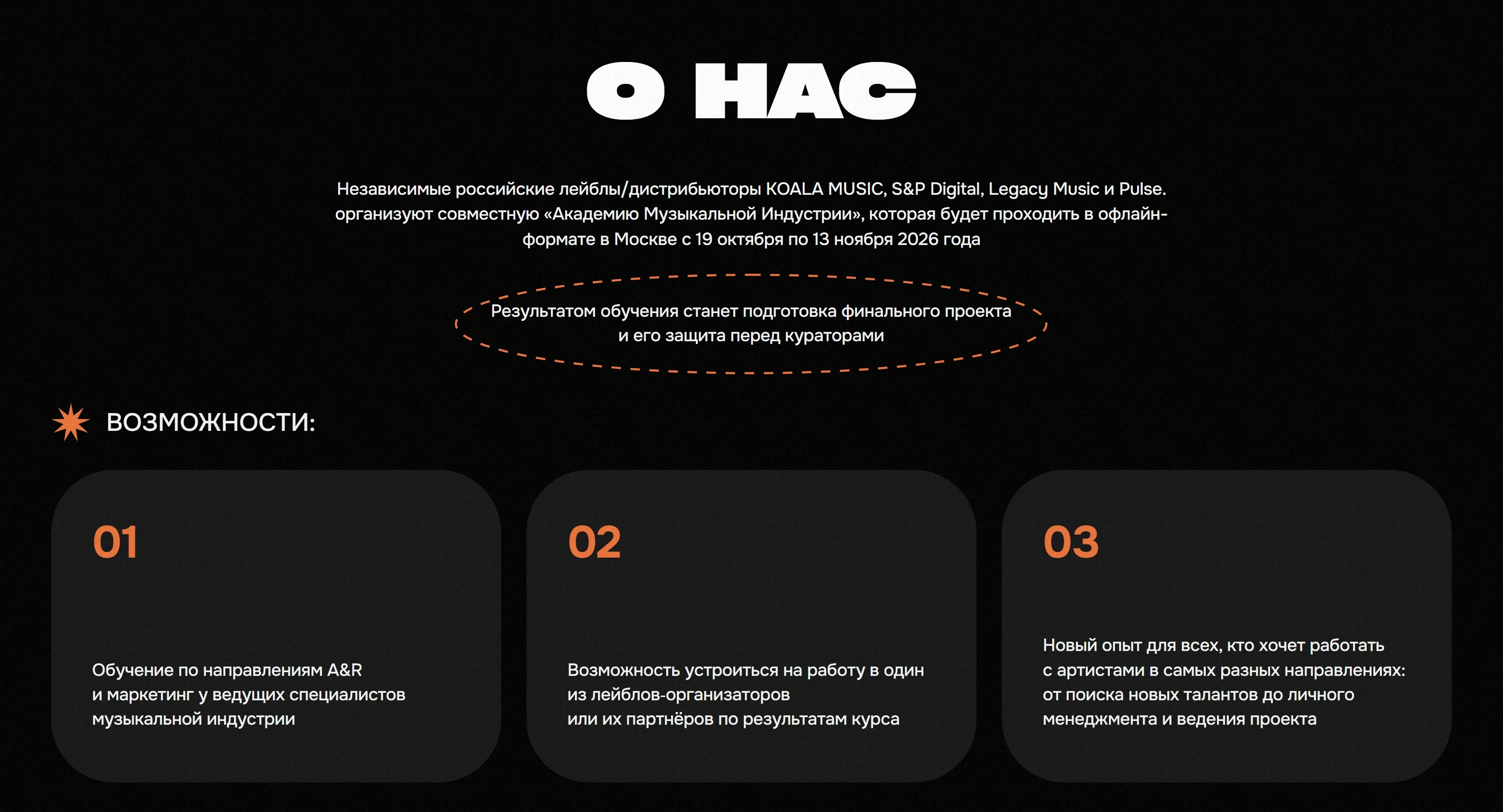 Академия Музыкальной Индустрии Секция «О компании» с сайта https://akademymusic.com/, тематика — Музыка, цвета — Черный, стиль — Карточный, Брутализм, типографика — Без засечек, Декоративные