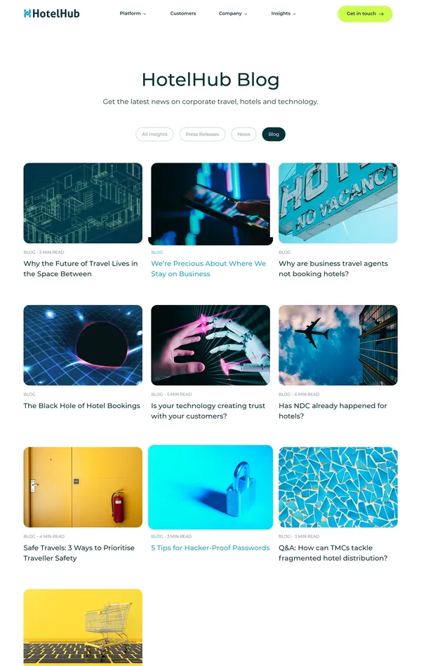 Блог HotelHub, тематика — Путешествия и туризм, цвета — Белый, Черный, стиль — Корпоративный, типографика — Без засечек
